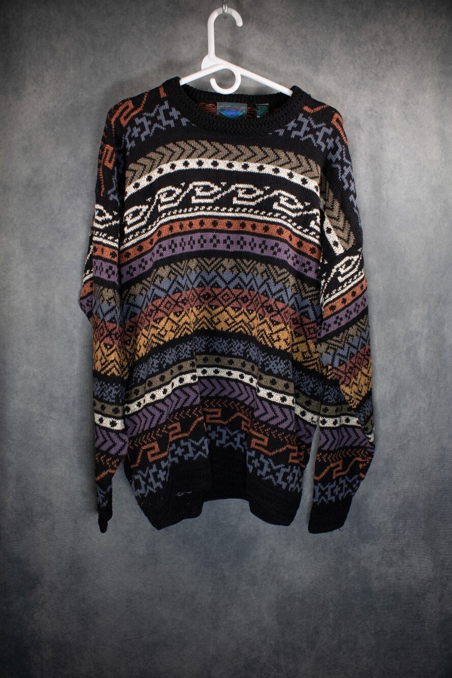 Vintage Etchings Aztec Tribal Pattern Knit Sweater Men's XL Black Multi 90s